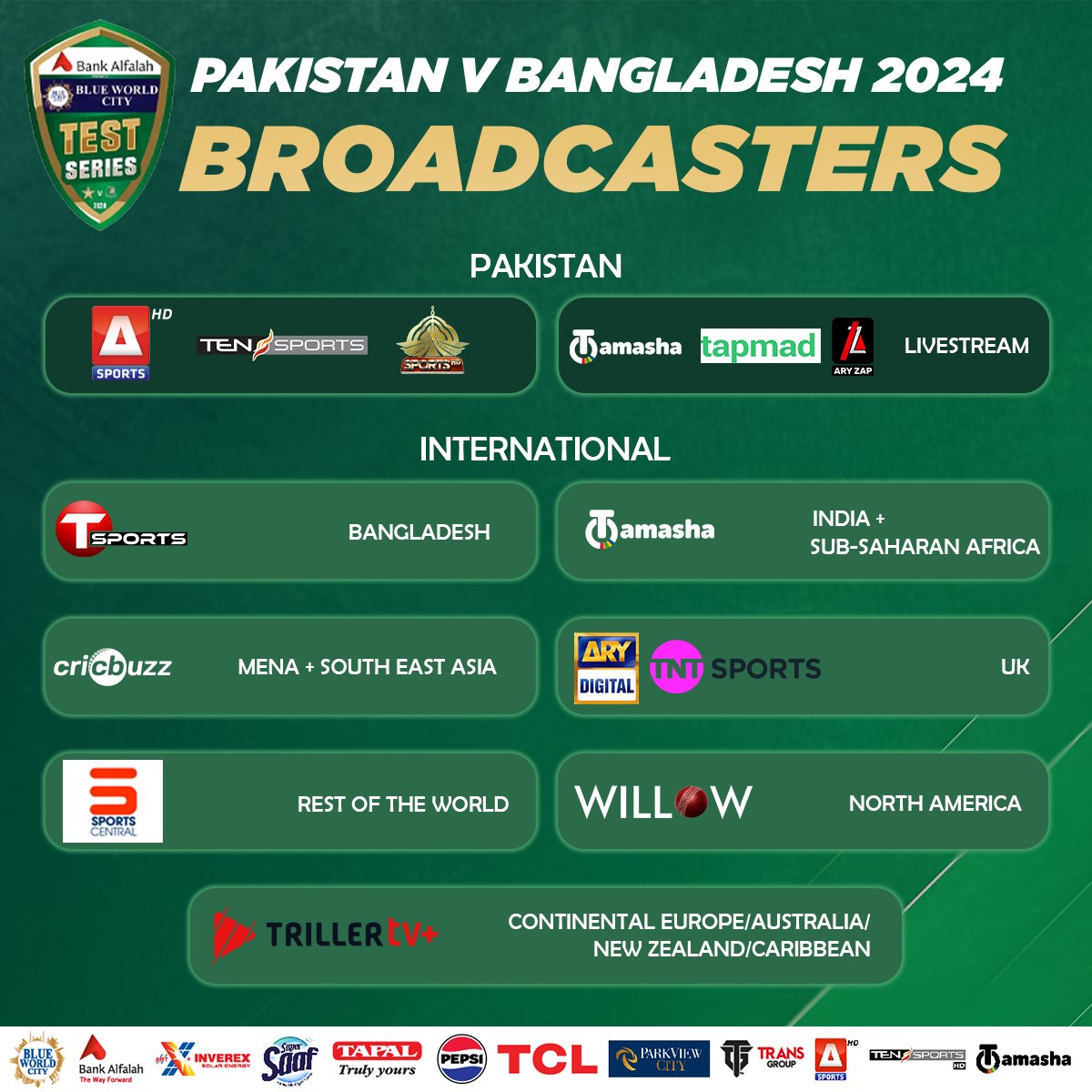 Broadcasters confirmed for Pakistan v Bangladesh Test series