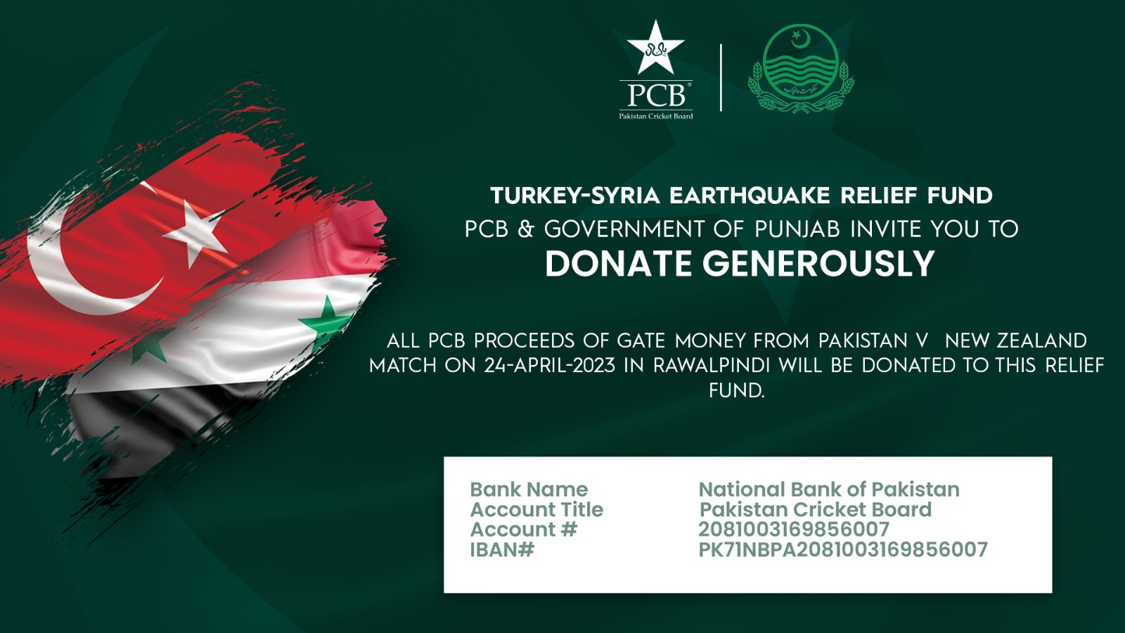 Gate money from fifth T20I to be donated to Turkiye-Syria earthquake victims