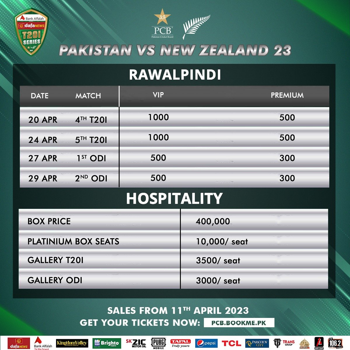 Tickets for Pak v NZ matches in Rawalpindi and Karachi to go on sale