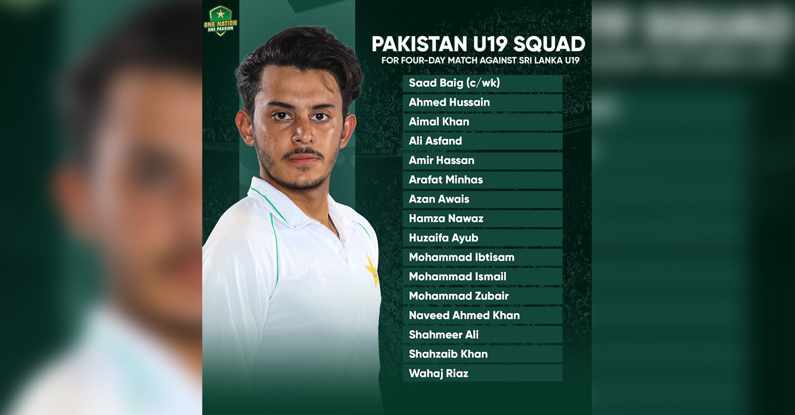 Saad Baig to lead Pakistan U19 against Sri Lanka U19 | Press Release | PCB