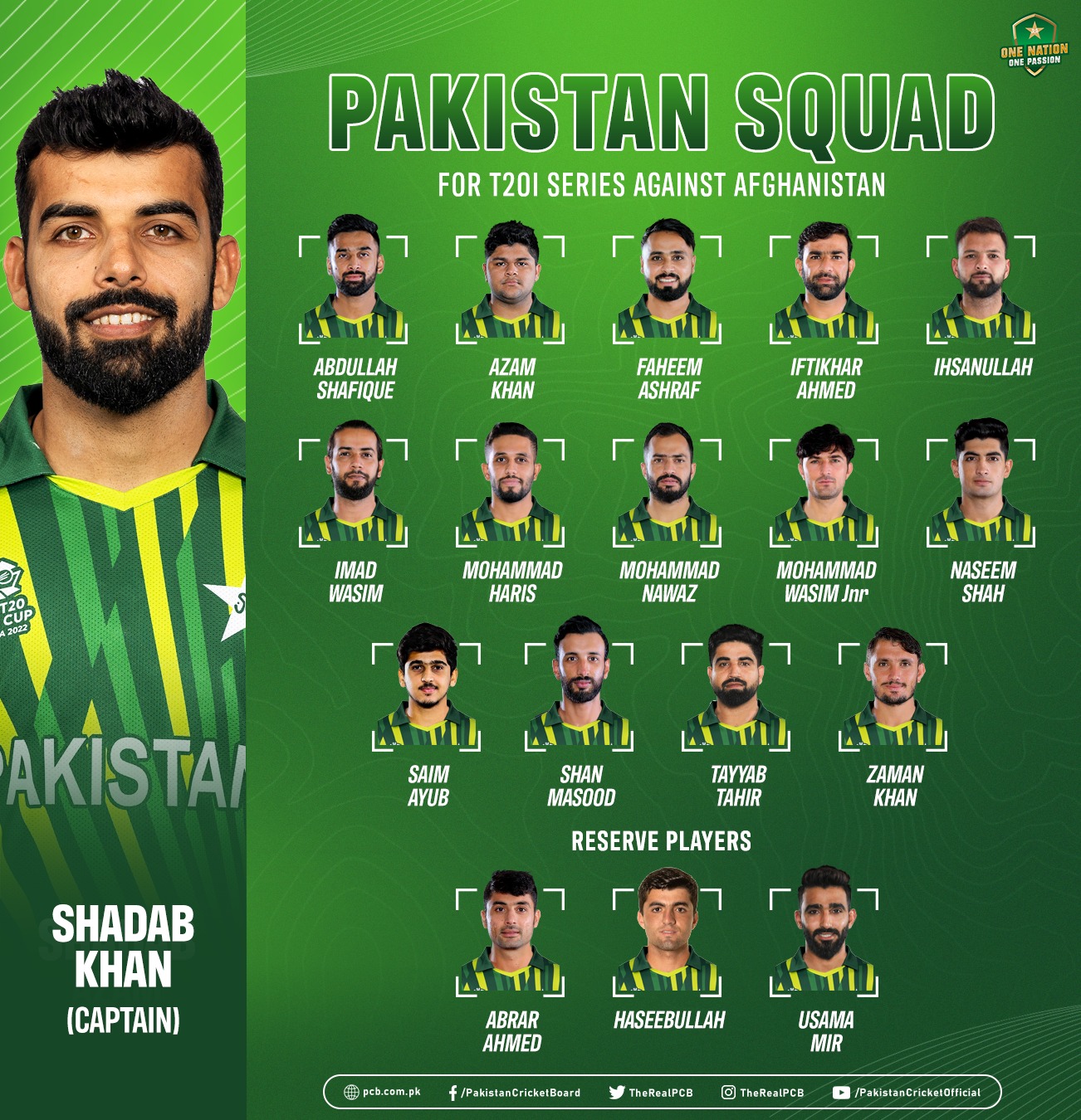 Shadab to captain Pakistan against Afghanistan in Sharjah Press